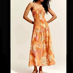 Farm Rio x Anthropologie Maxi Dress Linen Blend Drop Waist Orange​​
